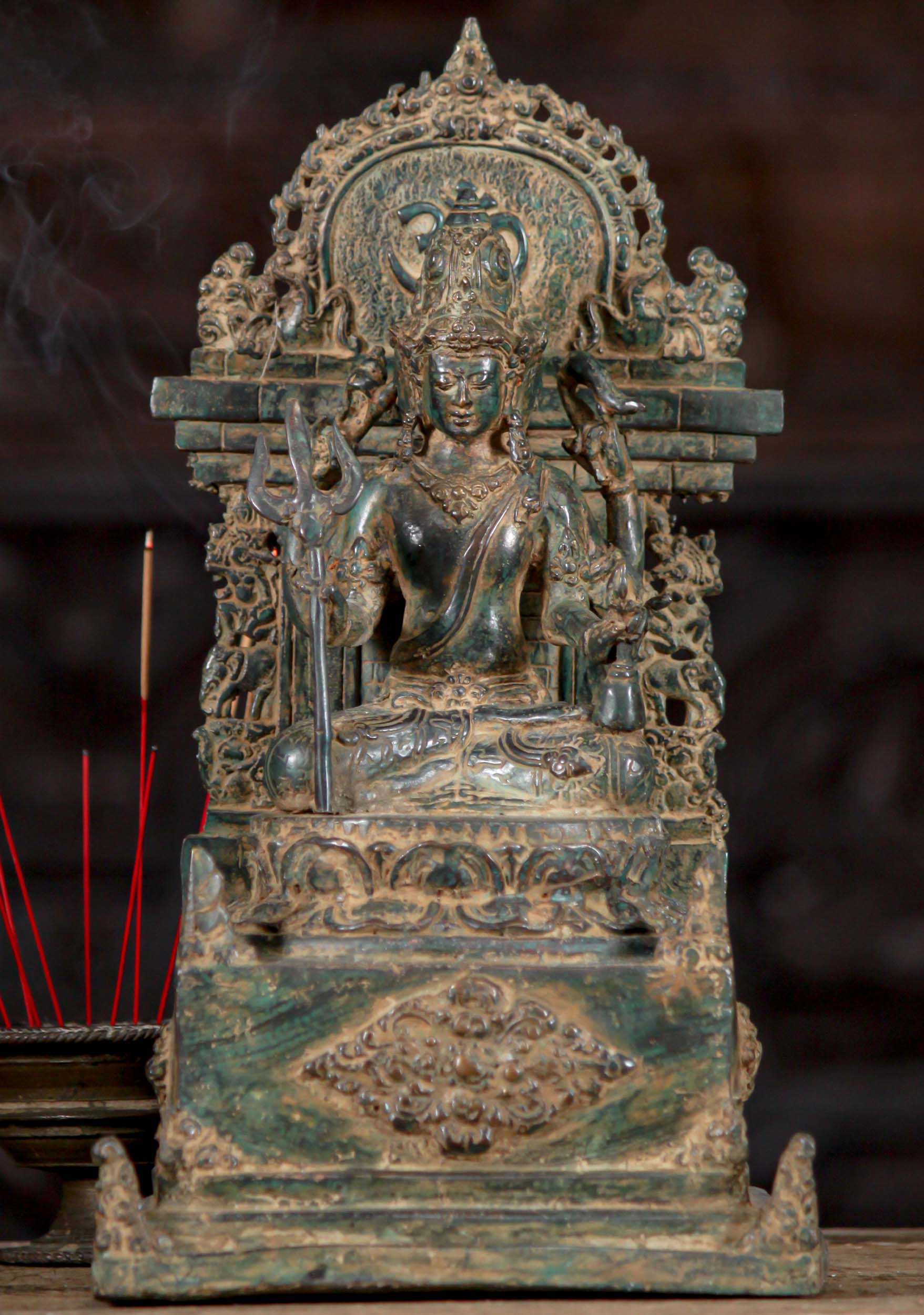 Balinese Brass Dattatreya Statue with Three Faces Seated on Throne with Trident 12.5"